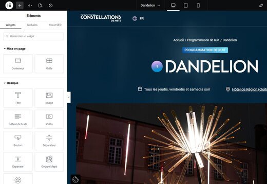 Interface d'édition Elementor sur un site WordPress livré par Lorweb